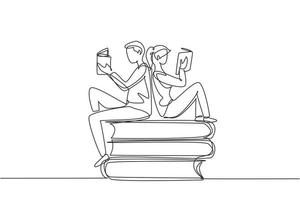 Single one line drawing students woman and man reading, learning and sitting on big books. Study in library. Literature fans or lovers. Modern continuous line draw design graphic vector illustration