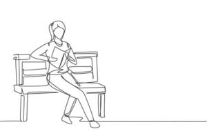 Single one line drawing young female reading, learning and sitting on park chair. Literature lovers. Smart student, education concept. Modern continuous line draw design graphic vector illustration