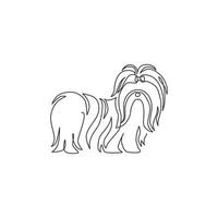 One continuous line drawing of cute shih tzu dog for pet salon logo identity. Purebred dog mascot concept for pedigree friendly pet icon. Modern single line draw design vector graphic illustration