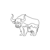 dibujo de línea continua única de yak galante para la identidad del logotipo. concepto de mascota bovid domesticada de pelo largo para el icono del parque nacional de conservación. Ilustración de vector de diseño de dibujo de una línea moderna