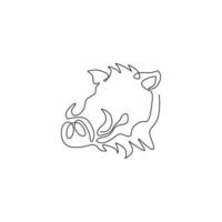 dibujo de una sola línea de cabeza de jabalí común despiadada para la identidad del logotipo de la empresa. concepto de mascota de cerdo de África de pastizales para el icono del zoológico nacional. Ilustración de vector de diseño de dibujo de línea continua moderna