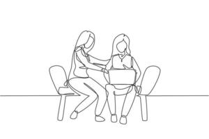 Continuous one line drawing two female with laptop sitting on the chairs together. Freelance, distance learning, online courses, studying concept. Single line draw design vector graphic illustration