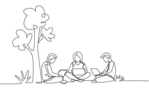 Single one line drawing three students studying with laptop and sitting at the park together. Back to school, online education concept. Modern continuous line draw design graphic vector illustration