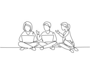 Single continuous line drawing three students studying with laptop and sitting on the floor together. Back to school, online education concept. Dynamic one line draw graphic design vector illustration