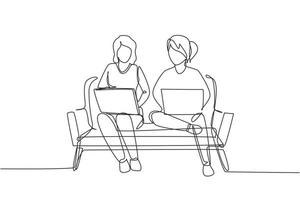 Continuous one line drawing two woman with laptop sitting on the sofa together. Freelance, distance learning, online courses, and studying concept. Single line draw design vector graphic illustration