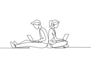 Continuous one line drawing couple with laptop sitting and lean on each other. Freelance, distance learning, online courses, and studying concept. Single line draw design vector graphic illustration