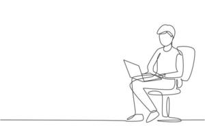 Single one line drawing young guy with laptop sitting on the chair. Freelance, distance learning, online courses, and studying concept. Modern continuous line draw design graphic vector illustration