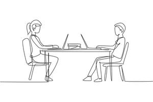 Single continuous line drawing boy and girl students studying with laptop and sitting on chairs around desk. Back to school, online education concept. One line draw graphic design vector illustration