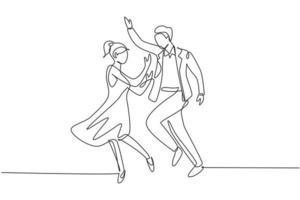 Single continuous line drawing man and woman performing dance at school, studio, party. Male and female characters dancing tango at Milonga. Dynamic one line draw graphic design vector illustration