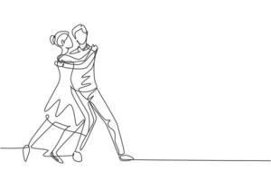 Single continuous line drawing man and woman performing dance at school, studio, party.  Male and female characters dancing tango at Milonga. Dynamic one line draw graphic design vector illustration
