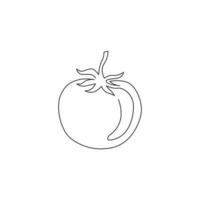 Single continuous line drawing whole healthy organic tomato for farming logo identity. Fresh tropical vegetable concept for vegie garden icon. Modern one line draw design graphic vector illustration