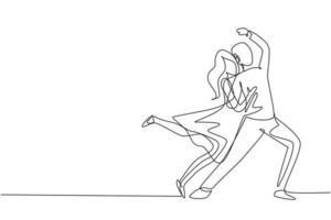 Single one line drawing man and woman performing dance at school, studio, party. Male and female characters dancing tango at night club. Modern continuous line draw design graphic vector illustration