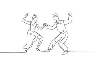 Single one line drawing man and woman dancing Lindy hop or Swing. Male and female characters performing dance at school or party night. Modern continuous line draw design graphic vector illustration