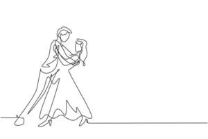 Single one line drawing man and woman romantic professional dancer couple dancing tango, waltz dances on dancing contest dancefloor. Modern continuous line draw design graphic vector illustration
