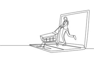 Continuous one line drawing young woman coming out of laptop screen pushing a shopping cart. Sale, digital lifestyle, consumerism people concept. Single line draw design vector graphic illustration