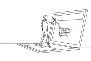 Single continuous line drawing young male shopping online via giant laptop screen with shopping cart inside. Sale, digital lifestyle concept. Dynamic one line draw graphic design vector illustration