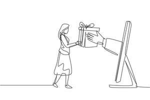 Single one line drawing young woman receives package box from large monitor screen and hands it over. E-shop, digital delivery concept. Modern continuous line draw design graphic vector illustration