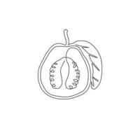 One single line drawing half sliced healthy organic java guava for orchard logo identity. Fresh tropical fruit concept for garden icon. Modern continuous line draw design graphic vector illustration