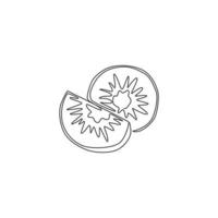 One single line drawing half sliced healthy organic kiwi for orchard logo identity. Fresh hairy fruitage concept for fruit garden icon. Modern continuous line draw design vector graphic illustration