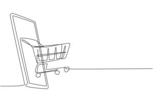 Continuous one line drawing shopping cart out of smartphone. Sale, digital lifestyle, and consumerism concept. E-commerce and digital marketing. Single line draw design vector graphic illustration