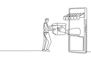 Single continuous line drawing young man receives package box from large canopy smartphone screen and hands it over. Digital delivery concept. Dynamic one line draw graphic design vector illustration