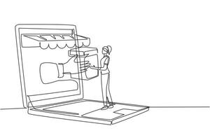 Single one line drawing young woman receives package box from large canopy laptop screen and hands it over. Digital delivery concept. Modern continuous line draw design graphic vector illustration