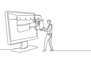 Single continuous line drawing young man receives package box from large canopy monitor screen and hands it over. Digital delivery concept. Dynamic one line draw graphic design vector illustration