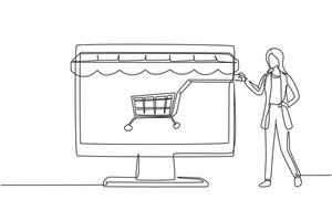 Single continuous line drawing woman inserting credit card into canopy monitor screen with shopping cart. E-shop, digital payment concept. Dynamic one line draw graphic design vector illustration