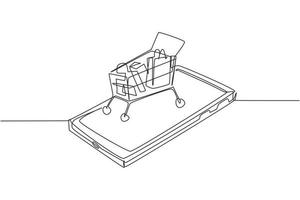 Single one line drawing shopping cart containing goods on smartphone screen. Sale, digital lifestyle with internet and gadgets concept. Modern continuous line draw design graphic vector illustration