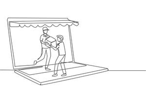 Continuous one line drawing male courier comes out of canopy monitor screen and gives package box to male customer. Fast respond delivery concept. Single line draw design vector graphic illustration