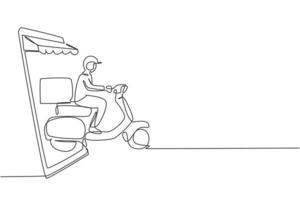 Continuous one line drawing courier riding scooter carrying package box out of giant smartphone screen with canopy. Online delivery service concept. Single line draw design vector graphic illustration