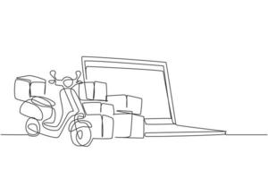 Single continuous line drawing giant laptop standing in front of courier scooter and pile of package boxes. Online delivery service concept. Dynamic one line draw graphic design vector illustration