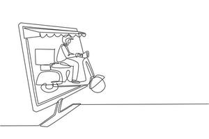 Single one line drawing courier riding scooter carrying package box out of giant monitor screen with canopy. Online delivery service. Modern continuous line draw design graphic vector illustration