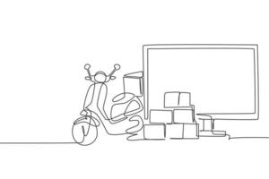 Single one line drawing giant monitor standing in front of courier scooter and pile of package boxes. Online delivery service concept. Modern continuous line draw design graphic vector illustration