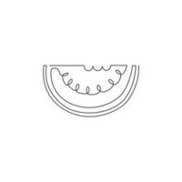 One continuous line drawing of sliced healthy organic watermelon for orchard logo identity. Fresh fruitage concept for fruit garden icon. Modern single line draw design vector graphic illustration