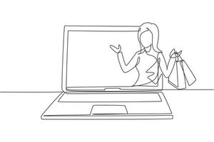 Single one line drawing young woman coming out of laptop screen holding shopping bags. Sale, digital lifestyle and consumerism concept. Modern continuous line draw design graphic vector illustration