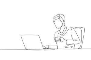 Single one line drawing young man sitting on chair and typing entering credit card code on laptop around desk. Digital payment concept. Modern continuous line draw design graphic vector illustration