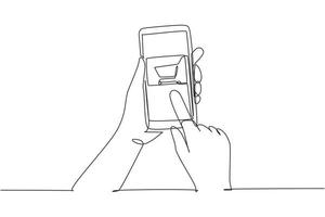 Continuous one line drawing hands holding smartphone with shopping cart image and touching screen. Digital lifestyle, internet and gadgets concept. Single line draw design vector graphic illustration