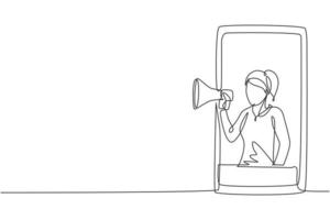 Continuous one line drawing young woman coming out of smartphone screen holding megaphone. Offering product with discounts. Marketing concept. Single line draw design vector graphic illustration