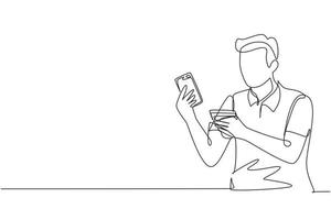 Single one line drawing young man sitting on chair and typing entering credit card code on laptop around desk. Digital payment concept. Modern continuous line draw design graphic vector illustration