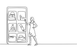 Single continuous line drawing young woman choosing shopping items on a giant smartphone screen. Digital lifestyle with internet and gadgets. Dynamic one line draw graphic design vector illustration