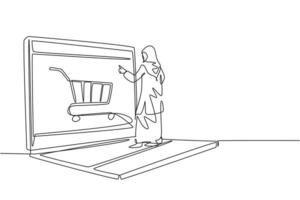 Single continuous line drawing young Arabian woman shopping through laptop screen with shopping cart. E-commerce, digital lifestyle concept. Dynamic one line draw graphic design vector illustration