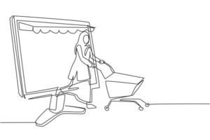 Single continuous line drawing Arab woman coming out of canopy monitor screen pushing a shopping cart. Digital lifestyle consumerism concept. Dynamic one line draw graphic design vector illustration