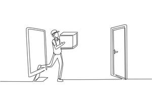 Single one line drawing courier comes out of the monitor screen while carrying package box to customer's door. Online delivery service. Modern continuous line draw design graphic vector illustration