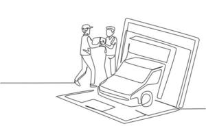 Single continuous line drawing delivery box car comes out partly from giant laptop screen and male courier gives package box to male customer. Dynamic one line draw graphic design vector illustration