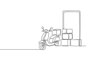 Continuous one line drawing giant smartphone standing in front of courier scooter and pile of package boxes. Online delivery service concept. Single line draw design vector graphic illustration