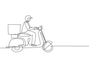 scooter de conducción de mensajería de dibujo de línea continua única con paquete de caja. las compras en línea. servicio de entrega online. concepto de paquete de entrega rápida. Ilustración de vector de diseño gráfico de dibujo de una línea dinámica