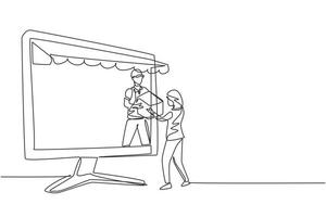 Single continuous line drawing male courier comes out of canopy monitor screen and gives package box to female customer. Fast respond delivery. Dynamic one line draw graphic design vector illustration