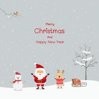 feliz navidad y próspero año nuevo tarjeta de felicitación con santa claus y amigos felices en invierno vector