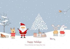 Merry Christmas and happy new year greeting card with Santa Claus and friends happy on winter vector